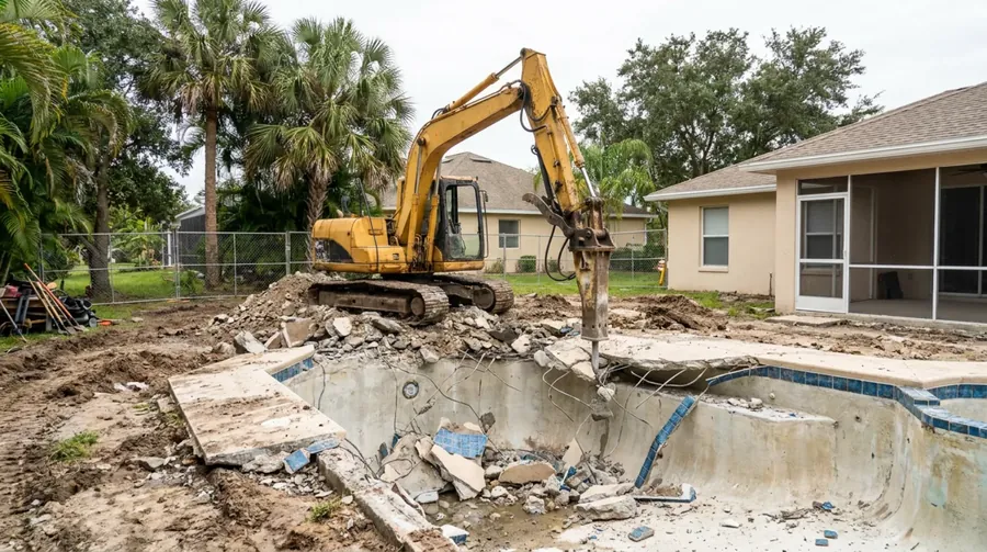 Excavator breaking up an in-ground pool in a Florida backyard